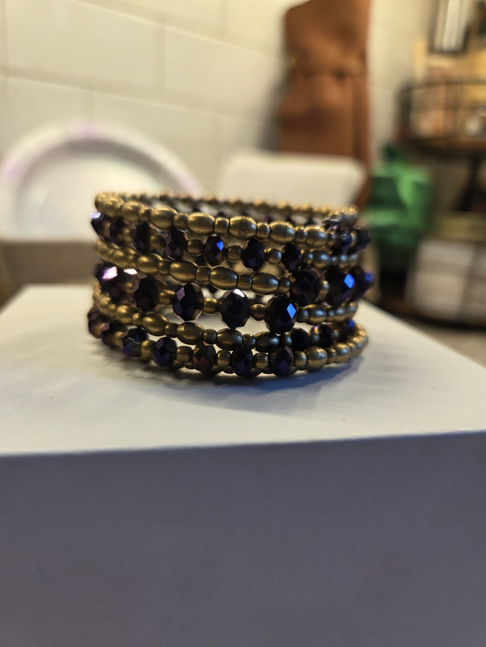 Gold and Deep Purple Beaded Coil Bracelet - Women Jewelry
